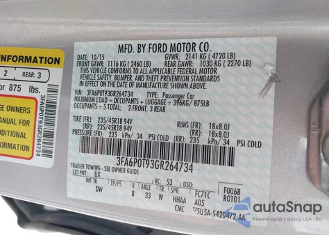 2016 Ford Fusion Se из США, поврежденный, VIN 3FA6P0T93GR264734